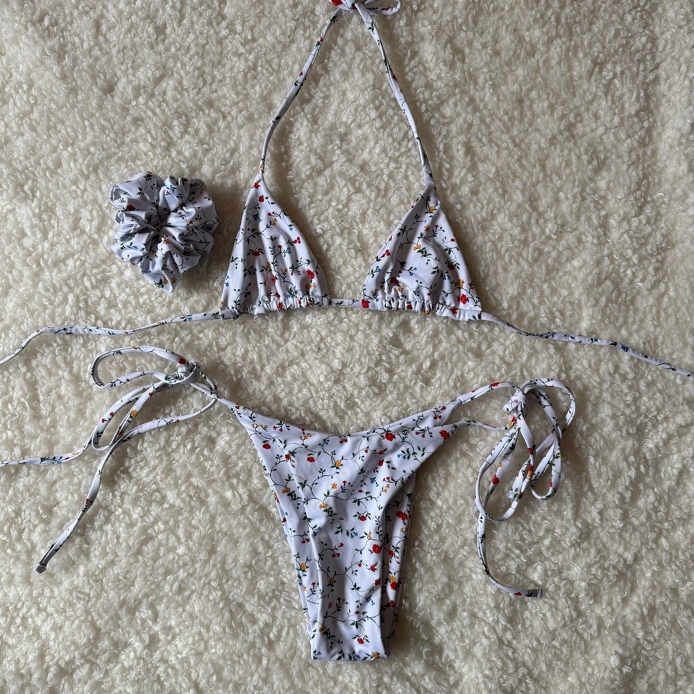 White Floral Bikini + Scrunchie